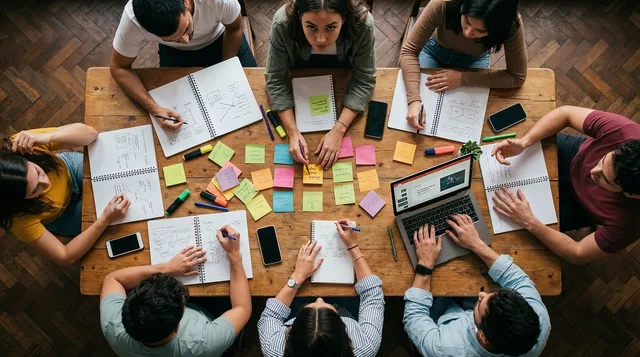eam, workshop, office, collaboration, sticky notes, planning, strategy, brainstorming, table, overhead, people, working, laptop, notebooks, creativity, business, meeting, together, analysis, group, ai generated. Fachabteilungen in die Bedarfserhebung einbeziehen